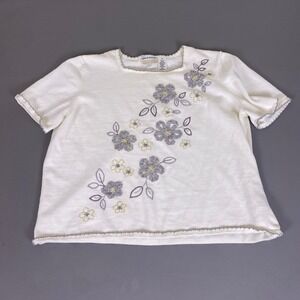 Alfred Dunner Top Women's‎ 2X White Floral Embroidered Ramie Cotton Short Sleeve